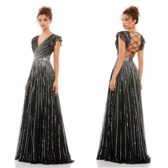 Mac Duggal 5568 Ruffle Sleeve Surplice Bodice Black & Silver Sequin Gown 12 NWT - Picture 1 of 13